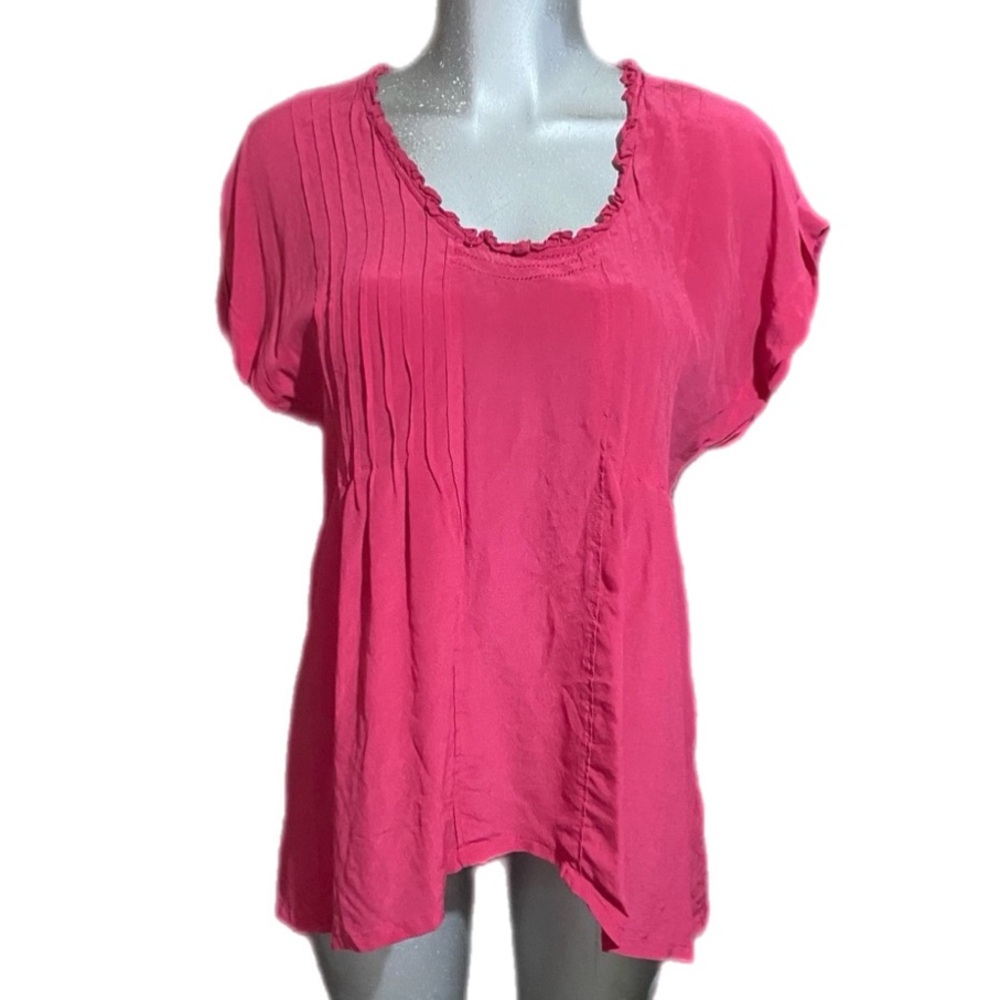 Lil Pink Blouse Top Pleated Ruffle Neckline 100% Silk Oversized Size 10 Medium